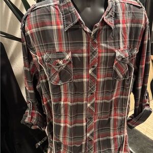 BKE Buckle Black snap button black red plaid  shirt